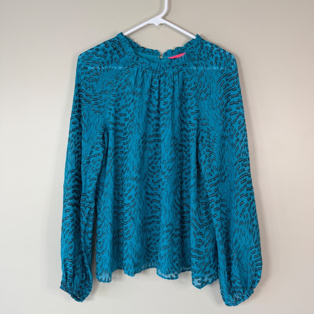 Lilly Pulitzer Caline Silk Top Teal Bay Swirl Clip‎ Medium Elegant Flowy Preppy